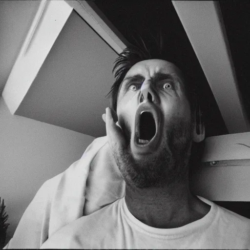 Prompt: a strange loud man is shouting in your face when you just wake up, 3 5 mm