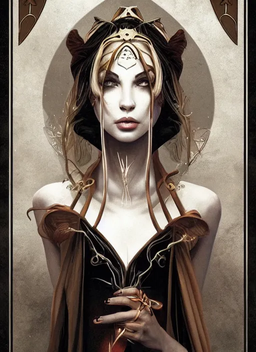 Prompt: tarot!!, high priestess, no noise, elegant, concept art, sharp focus, beautiful face!!, digital art, smooth defined outlines!!, human anatomy, human structure, vector background, dark fantasy, by Brom, trending on Artstation, Tom Bagshaw, Sargent