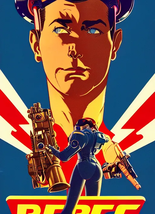 Image similar to american propaganda poster art. powerful cyberpunk pilot. portrait by jean giraud and anton otto fischer and john philip falter and will eisner and gil elvgren and pixar. full body. realistic proportions. science fiction d & d. overwatch, rb 6 s, cyberpunk 2 0 7 7, blade runner 2 0 4 9 concept art. cel shading. thick lines.