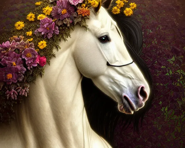 Prompt: side portrait of a horse which disintegrates into ornamental flowers and plants, uniquely beautiful animal, emotionally evoking symbolic metaphors, head in focus, heavily gothic ornamental, intricate, elegant, highly detailed photorealistic digital painting, artstation, concept art, painterly, golden ratio, sharp focus, illustration, art by greg rutkowski and alphonse mucha,