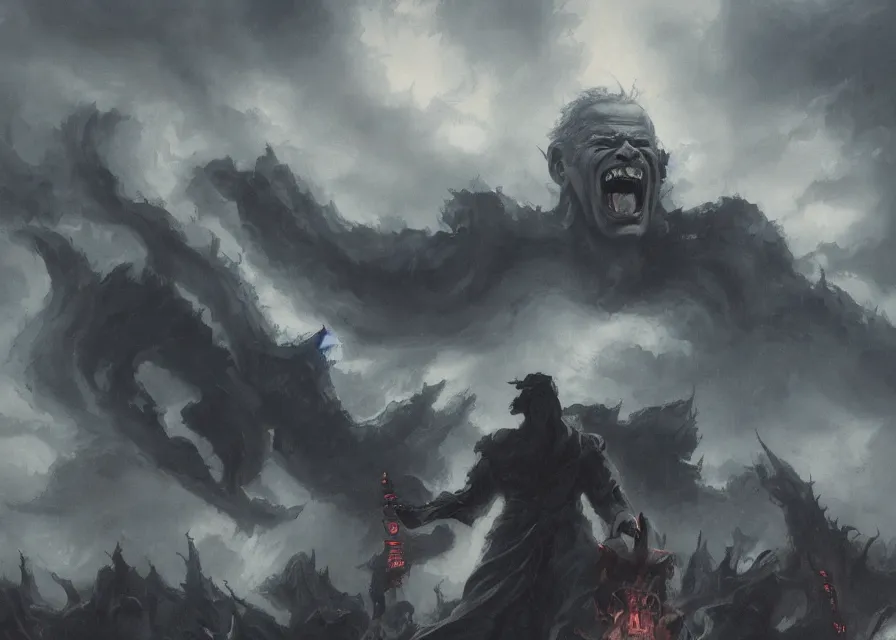 Image similar to large abstract painting of giant Joe Biden grinning evil emperor of the world emerging in dark clouds, cosmic horror, evil, dangerous, trending on ArtStation, masterpiece, by Greg Rutkowski, by Ross Tran, by Fenghua Zhong, octane, lightbeam eyes, soft render, clear facial features, oil on canvas, immense crowd of people, moody lighting, cinematic, professional environment concept art