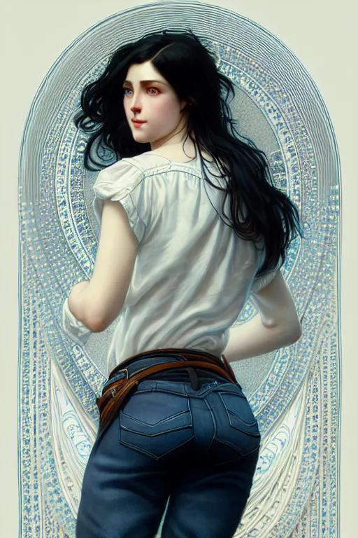 Image similar to ultra realistic, Beautiful black haired woman, Porcelain white complexion, big blue eyes, cute small lips., wearing jeans and white blouse, whip in hand, intricate details, eerie, highly detailed, octane render, 8k, art by artgerm and alphonse mucha and greg rutkowski