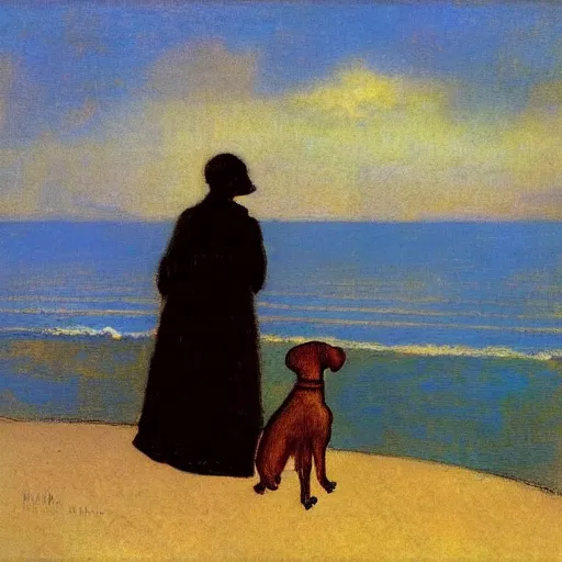 Image similar to a woman and her chiweenie looking out to sea by odilon redon