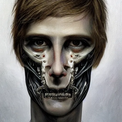 Image similar to surreal portrait of a man by Greg Rutkowski and H.R Giger, symmetrical face, he is about 30 years old, west slav features, short blonde hair with bangs, attractive, smart looking, slim, somewhat androgenic, transformed into a kind of biomechanical transhuman angel, disturbing, terrifying but fascinating, with a determined and sinister expression on his face, cosmic void background, frightening, fascinating, highly detailed portrait, digital painting, book cover, artstation, concept art, smooth, sharp foccus ilustration, Artstation HQ