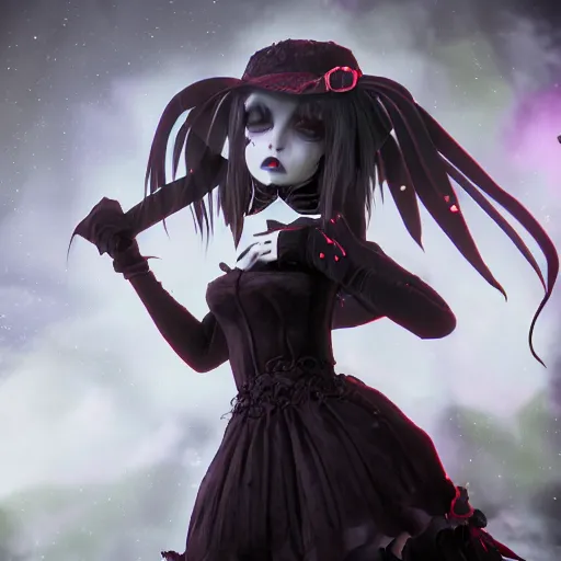 Image similar to full shot portrait of angry darkness Clara Morgane as a cute anime girl at moonlight, gothic wearing, inspired by Tim Burton, Norihiro Yagi, Marc Simonetti, Amano, Juri Misaki, detailed, unreal engine 4k volumetric light, fog,