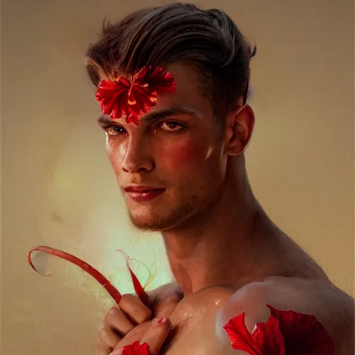 Image similar to handsome portrait of a young guy fitness posing, war hero, flexing, wearing red boxing gloves, hibiscus flower accent, radiant light, caustics, by gaston bussiere, bayard wu, greg rutkowski, giger, maxim verehin