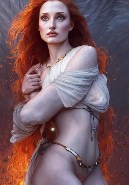 Image similar to sansa angeline jolie gessica chastain mummy fire goddess of war, intricate, elegant, highly detailed, digital painting, artstation, concept art, smooth, sharp focus, illustration, art by artgerm and greg rutkowski and alphonse mucha and william - adolphe bouguereau