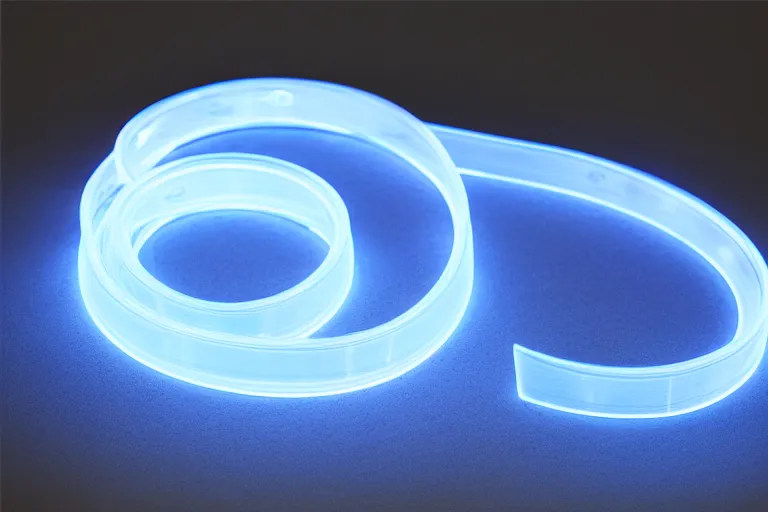 Prompt: transparent long clear dark blue plastic hyperloop belt glowing in the dark