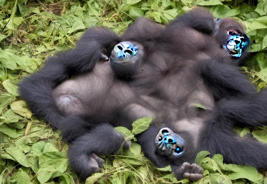 Image similar to “ a baby gorilla laying on the ground in the jungle, a jigsaw puzzle by alex petruk ape, trending on flickr, primitivism, national geographic photo, uhd image, creative commons attribution ”