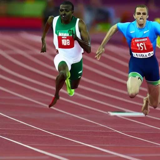 Prompt: A turtle beating men in the final of the 100m at the olympic games