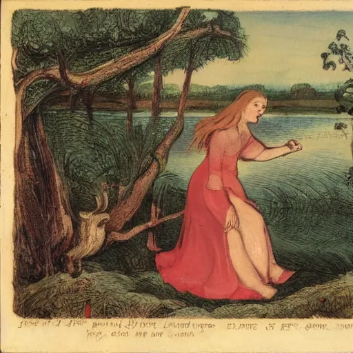 Image similar to a hulder trying to lure a man into a lake,