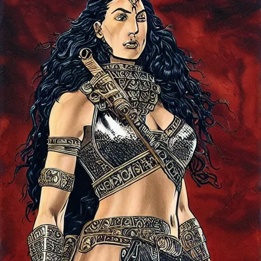 Prompt: greek amazon warrior, a tall beautiful woman with bronzed skin and long raven hair, dressed in leather and hellenistic battle armour, intricate, elegant, highly detailed, smooth, sharp focus, detailed face, high contrast, graphic novel, art by alan davis,