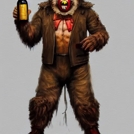 Image similar to a humanoid german shepherd beast - man in clown style, holding a bottle of beer, artstation, concept art, smooth, sharp foccus ilustration, artstation