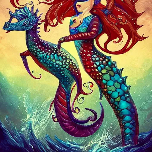 Image similar to merfolk riding seahorses, trending on artstation, colorful, intricate, art by aurore folny and senjon 津