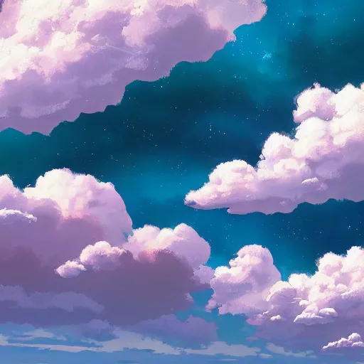 Image similar to studio ghibli still, view of alien gas clouds, extreme fluffy clouds, colors, painting, digital art, panorama, wide - angle view, skyscape, highly detailed, artstation award, anime, cinematic