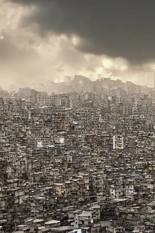 Image similar to cinematic frame of weathered high rise slums made of silver and gold glistening and dramatic clouds in the background