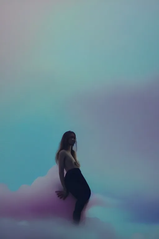 Image similar to high quality pastel coloured film close up wide angle photograph of a model wearing clothing swimming on cloud furniture in a icelandic black rock!! environment in a partially haze filled dreamstate world. three point light, rainbow. photographic production. art directed. pastel colours. volumetric clouds. pastel gradient overlay. waves glitch artefacts. extreme facial clarity. 8 k. filmic.