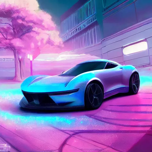 Prompt: car with holographic paint, pearlescent, elegant, digital painting, concept art, smooth, sharp focus, art style from Wang Ke and Greg Rutkowski and Bruce Kaiser and Scott Robertson and Dmitry Mazurkevich and Doruk Erdem and Jon Sibal, small style cue from Vaporwave