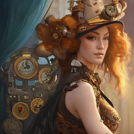 Image similar to Three quarters old portrait of a stunning female steampunk, highly detailed, digital painting, art by Stanley Lau and Artgerm and magali villeneuve and Alphonse Mucha, artstation, octane render, cgsociety