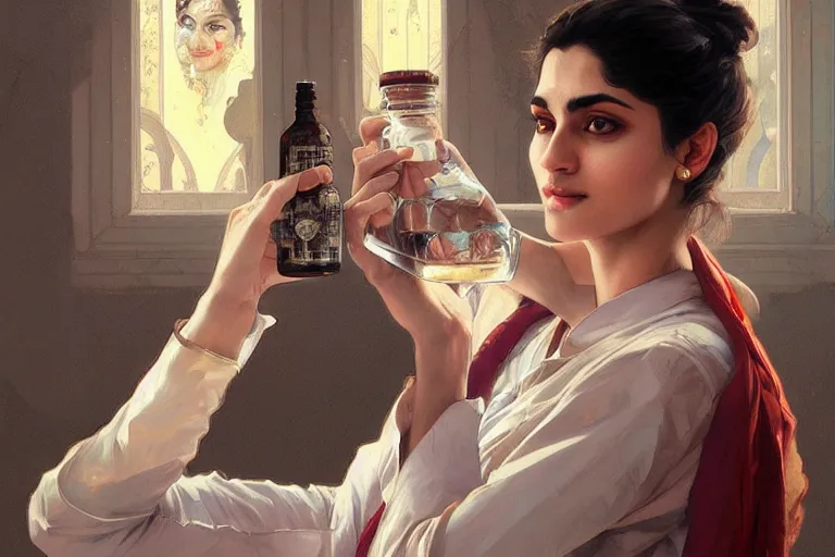 Image similar to Anxious good looking pale young Indian doctors drinking, portrait, elegant, intricate, digital painting, artstation, concept art, smooth, sharp focus, illustration, art by artgerm and greg rutkowski and alphonse mucha