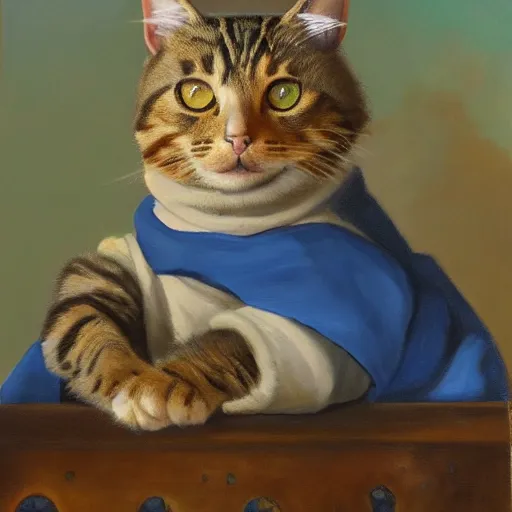 Image similar to oil painting portrait of a cat wizard wearing blue robes