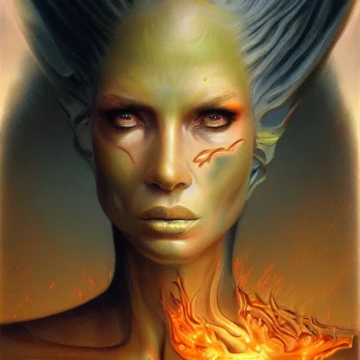 Prompt: A stunning portrait of a flame goddess by Jim Burns, fantasy, Trending on artstation.