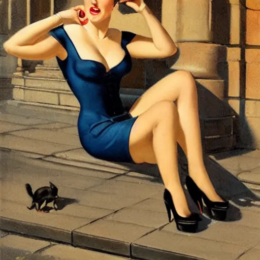 Image similar to woman, city, street, kitten heel, buildings, by gil elvgren, olivia