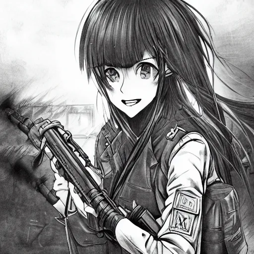 Prompt: manga style, black inking, modern warfare, portrait of a girl under artillery fire, trench sandbags in background, soldier clothing, long hair, hair down, symmetrical facial features, comic page, trending pixiv, black shadow patterns, by akihito yoshitomi, cushart kenz