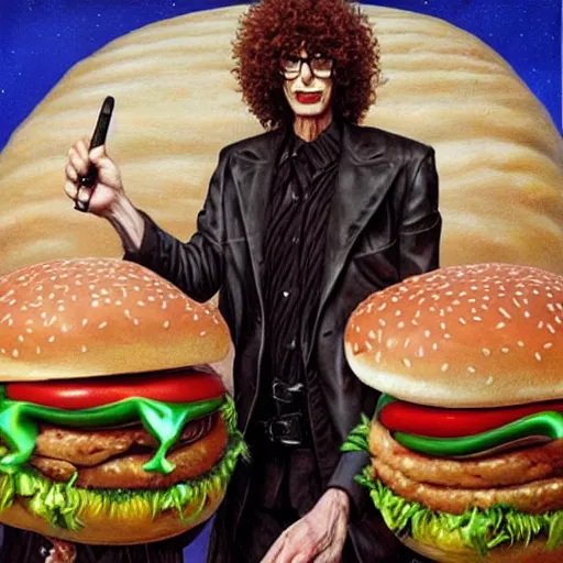 Prompt: portrait of howard stern eaten by a giant hamburger. painting by karol bak, greg hildebrandt, and mark brooks, hauntingly surreal, gothic, rich deep colors.