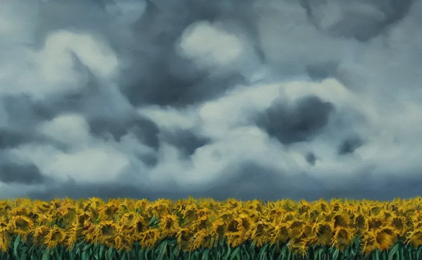 Image similar to A moody painting of an overcast day, clouds, rolling hills, sunflowers, tulips, tree stump, Wes Anderson