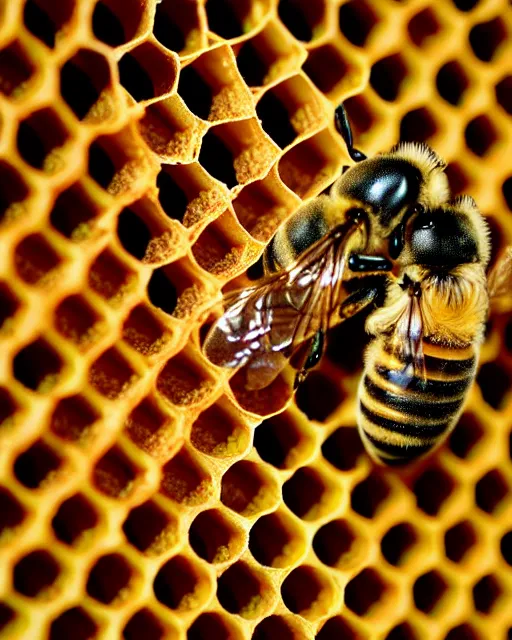 Image similar to bees on honeycomb close up bees nest, cinematic epic award winning photography of the honeybee on nest