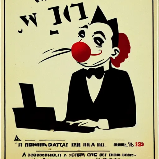 Image similar to film poster noir. a software programmer dressed as a clown is sitting in front of a computer . he is smoking a cigar . Smoke is flying around.