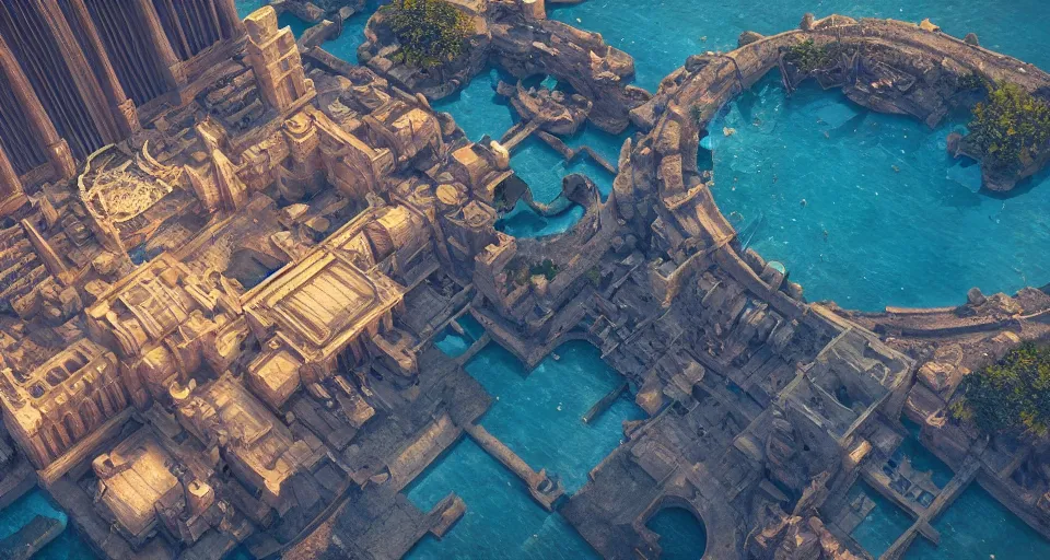 Prompt: atlantis, ancient city, big buildings, gold, fantasy, magical, circle, establishing shot, eye level, wide angle, epic scale, raytracing, volumetric lighting, highly detailed, coherent, amr elshamy, filip hodas, brian miller, octane render