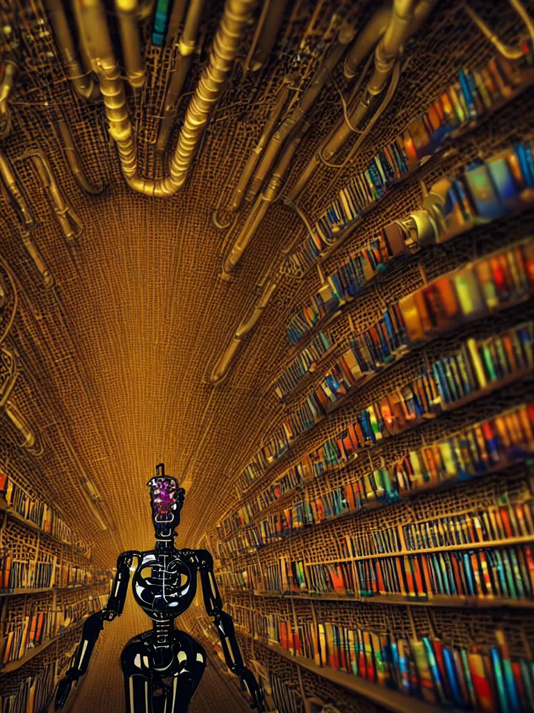 Prompt: A frightening beautiful artificial intelligence cyborg with pipes and tubes in a library, surrounded by books, hyperealistic very colourful hdr cinematic lighting cgi render photorealistic cinematic octane render