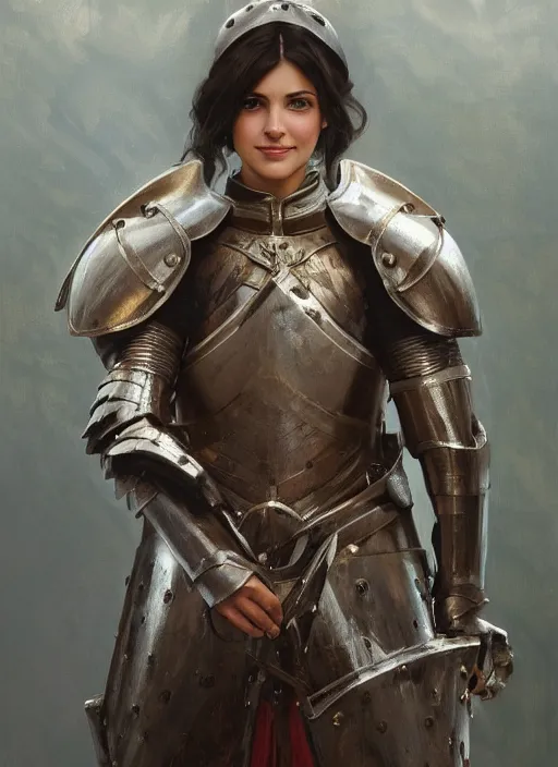 Image similar to medium-length portrait of a female knight with short dark hair and brown eyes, dark skin, happy expression, wears a combination of plate armor and boiled leather, medieval setting, highly detailed, digital painting, artstation, concept art, sharp focus, illustration, art by greg rutkowski and alphonse mucha