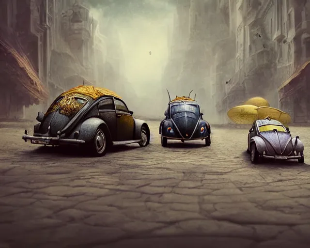 Prompt: a highly detailed matte painting of four beetles with face of the other four beatles, in the style of greg rutkowski and remedios varo, ultra realistic, detailed, intricate, full of color, 4 k, hyperrealistic, focused, extreme details, masterpiece