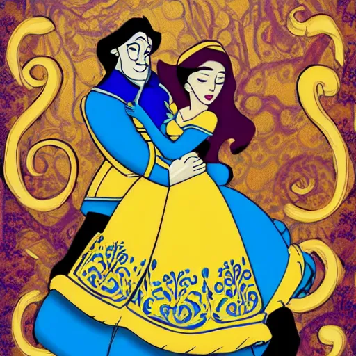 Image similar to belle and beast in blue and gold in the style of mexican folk art