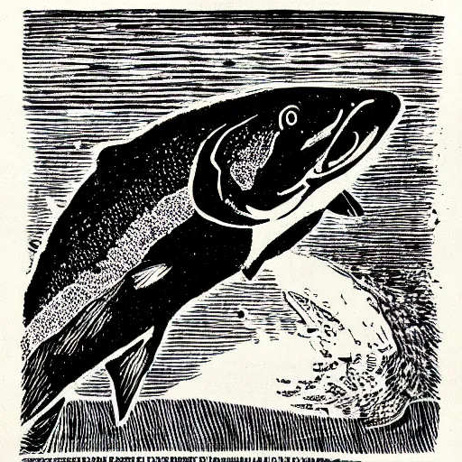 Image similar to linoprint of a salmon breaking ice ex libris