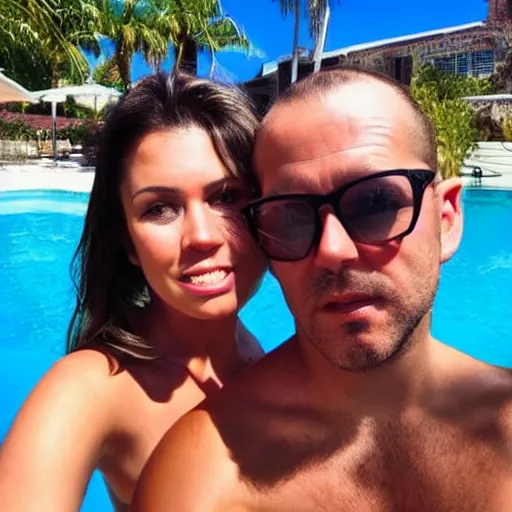 Image similar to photo of a 4 0 year old man that looks young for his age dating a very attractive 2 2 year old woman wearing a bikini.