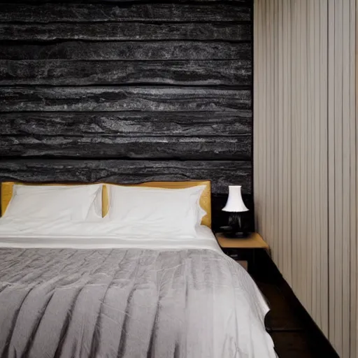 Image similar to bedroom, stone, interior design, stylish luxury hotel bedroom design, yakisugi, black vertical slatted timber, textures, feminine, black walls, art, Japanese pottery vase with flowers, kakejiku, seasonal, Japanese influences