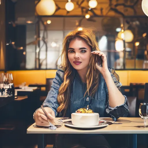 Prompt: The influencer EnjoyPhoenix dining in a Canadian restaurant called Lapinou. Hyperrealistic sharp photo, sigma 1/6. 50 mm