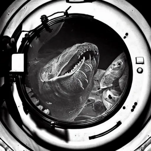 Prompt: an old black and white photo of a sea monster through the porthole of a submarine, - n 9