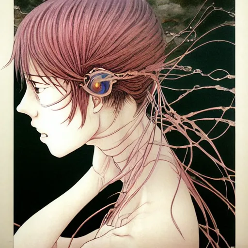 Image similar to prompt: Fragile looking vessel portrait face drawn by Katsuhiro Otomo, nymph in the water performing alchemy, intricate oil painting, soft dark light, intricate detail, intricate oil painting detail, sharp high detail, manga and anime 2000