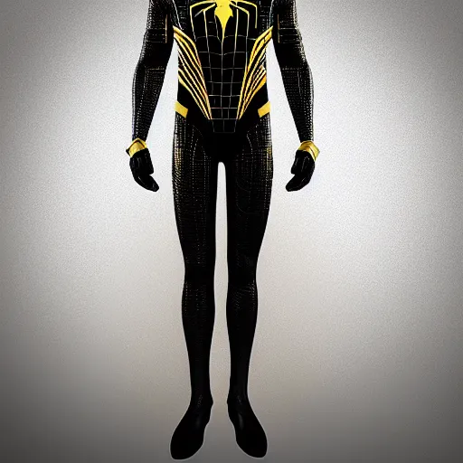 Image similar to gold spider - man suit with black web lining, cinematic, volumetric lighting, realistic, hyperdetailed, photorealistic, photograph