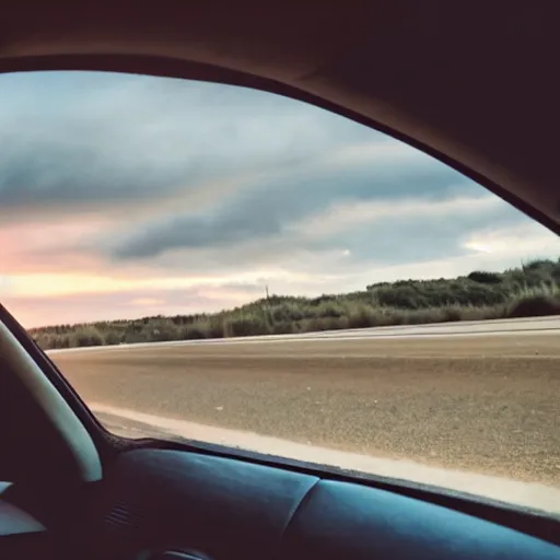 Image similar to a cinematic shot of a grown boy from behind his back looking out of his car window and his long hair flowing due to the wind, sky is orangish outside