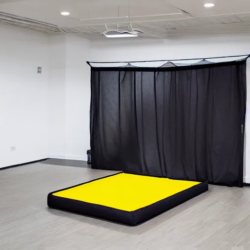 Image similar to a black trampoline, a ball pit, and a mattress inside a big empty room with light coming through the windows