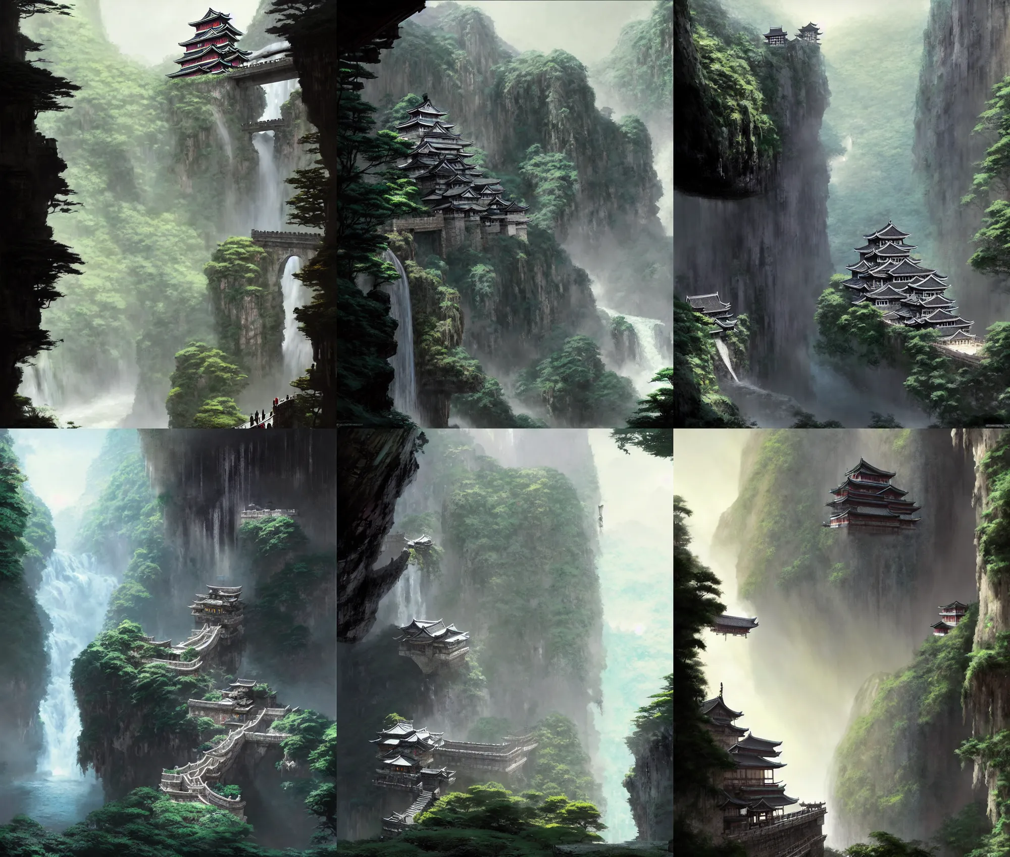 Prompt: establishing wide shot inside han son doong with waterfalls on either side of the cliff walls, at the top of the cliff is a japanese castle, a cloister is built into the cliff walls, an old suspension bridge spans the walls, dawn lighting, detailed concept art by greg rutkowski and eddie mendoza and makoto shinkai