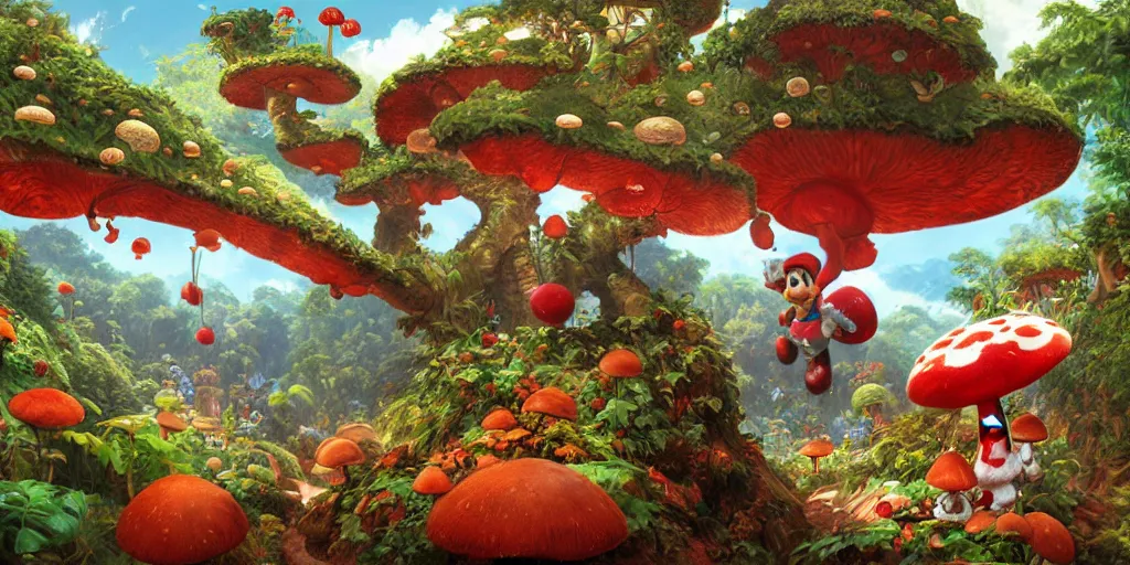 Image similar to Yoshi jumping out of Warp pipe, jungle landscape, Mushroom Kingdom, Super Mario Theme, giant red and white spotted mushrooms, by Stanley Artgerm Lau , greg rutkowski, thomas kindkade, alphonse mucha, loish, norman Rockwell