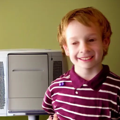 Image similar to 0 0 s kid with creepy smile behind a old computer monitor