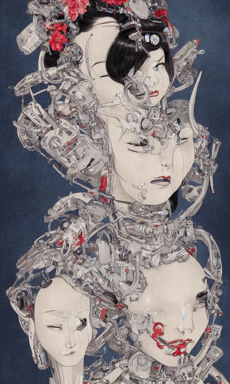 Prompt: a beautiful portrait of a cybernetic geisha by James Jean trending on Artstation